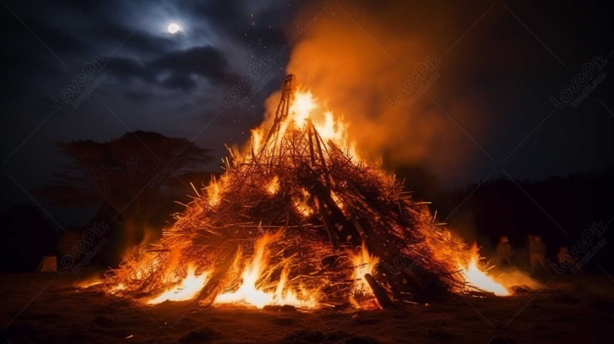 Stunning Nighttime Bonfire With Enchanting Full Moon In The Background 