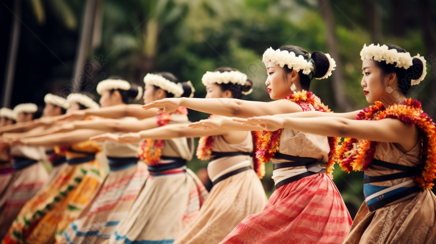 The Background Of Hawaiian Girls Performing A Folk Dance In Traditional ...