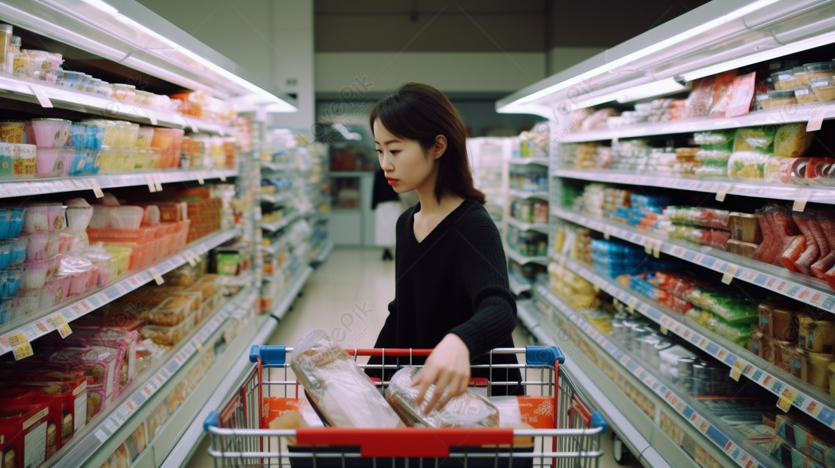 An Asian Woman Shopping In A Grocery Store, Grocery Stores Backgrounds ...