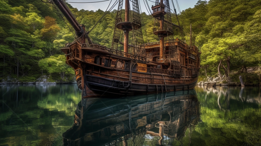 Ancient Pirate Ship Standing On The Water With Trees Above, Pirate Ship ...