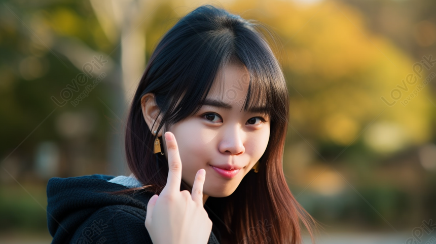 Asian Girl Posing For A Photo In A Park With Two Fingers Raised, Girl ...