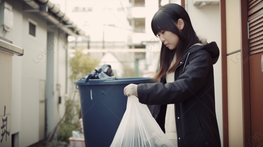 Girl Putting Trash Into A Blue Can, Trash Can Backgrounds, Cans ...