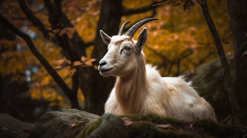 Goat Is Sitting Near Rocks In The Forest, Goat Backgrounds, Rock ...