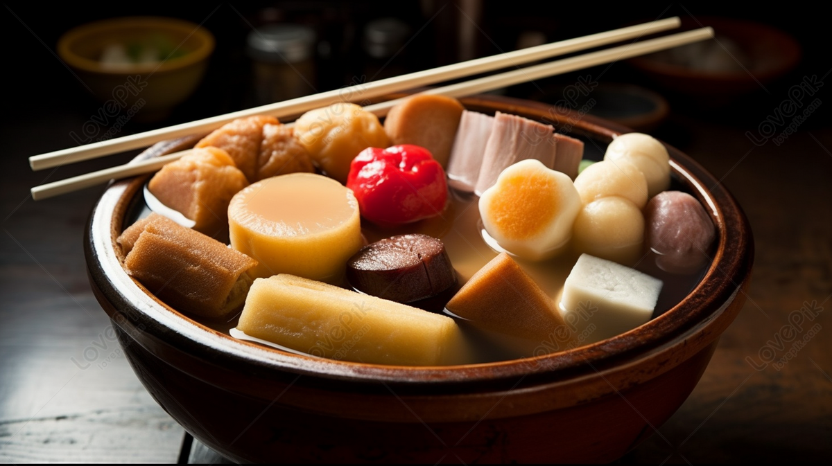 Oden japanese hot pot with fish dumplings Vector Image