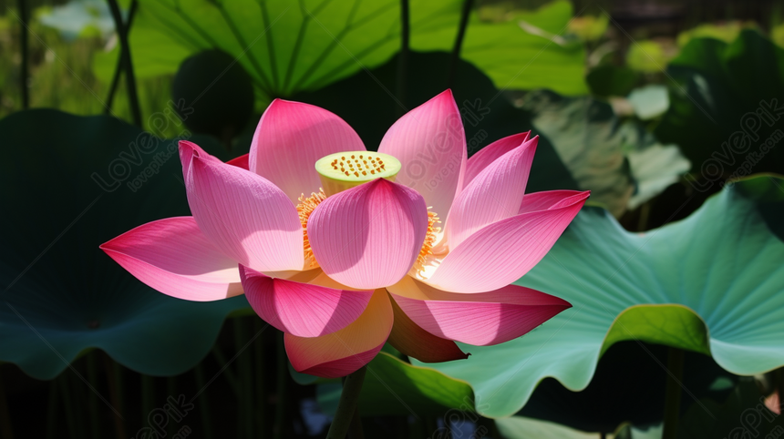 Pink Lotus Flower Is In The Midst Of Green Leaves, Flower Leaves ...