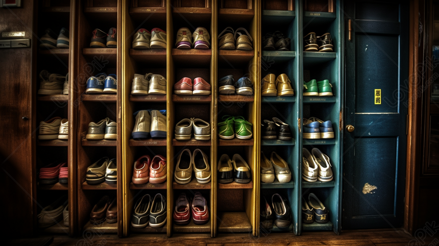 Various Shoe Storage Shelves Made Up Of Colorful Shoes, Storage Shelves 