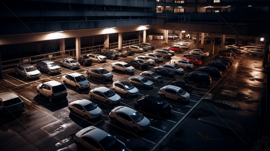 Parking Garage Full Of Cars At Night At Urban City Environment