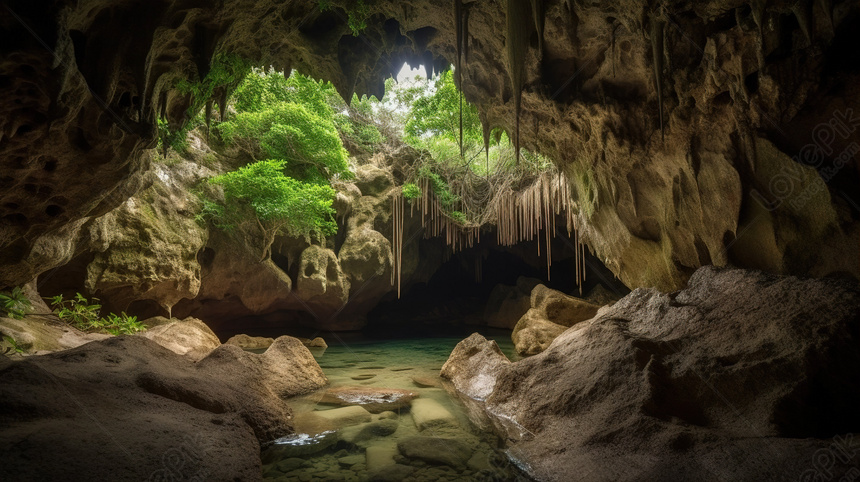 Exploring An Enchanting Cave With Multiple Pools And Lush Trees In The ...