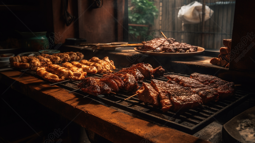 A la parrilla carne en un plato con un fuego en el antecedentes. generado  por ai 32233517 Foto de stock en Vecteezy