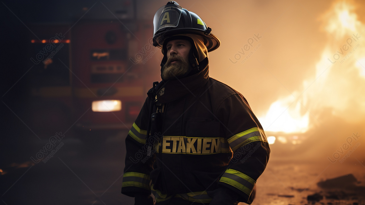 Firefighter Stands Courageously In Front Of A Blazing Structure ...