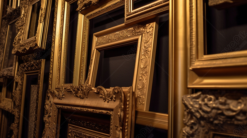 The Stunning Background Of Golden Frames In An Art Gallery, Art ...