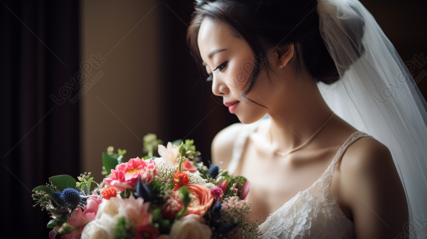 Feliz Noiva Asiática, Posando Com Damas De Honra Mostrando Anel