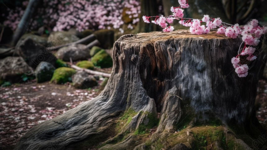 一つの大きな切り株がピンク色の桜の花で覆われています, 大きい 背景, 切り株 背景, ピンクの花 背景 画像フリー、HD 大きい, 切り株,  ピンクの花 背景素材 無料ダウンロード - Lovepik