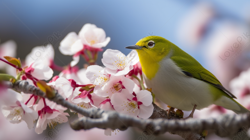 開花した花にとまる黄色い鳥, とまる鳥 背景, 黄色い鳥 背景, 黄色い 背景 画像フリー、HD とまる鳥, 黄色い鳥, 黄色い 背景素材  無料ダウンロード - Lovepik