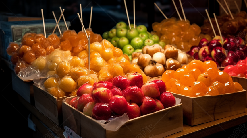 Photo de Grand étalage De Fruits Avec Des Batons, Fruit Arrière