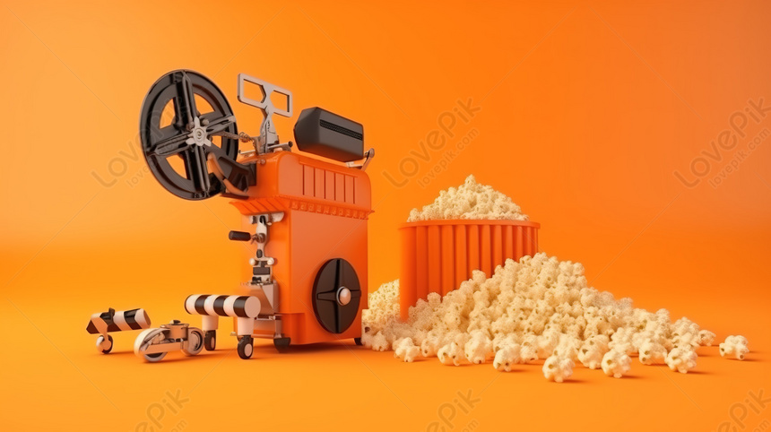 Immersive 3D Animation Video Projector Popcorn Camera Vibrant Orange Background 2676833 wh860