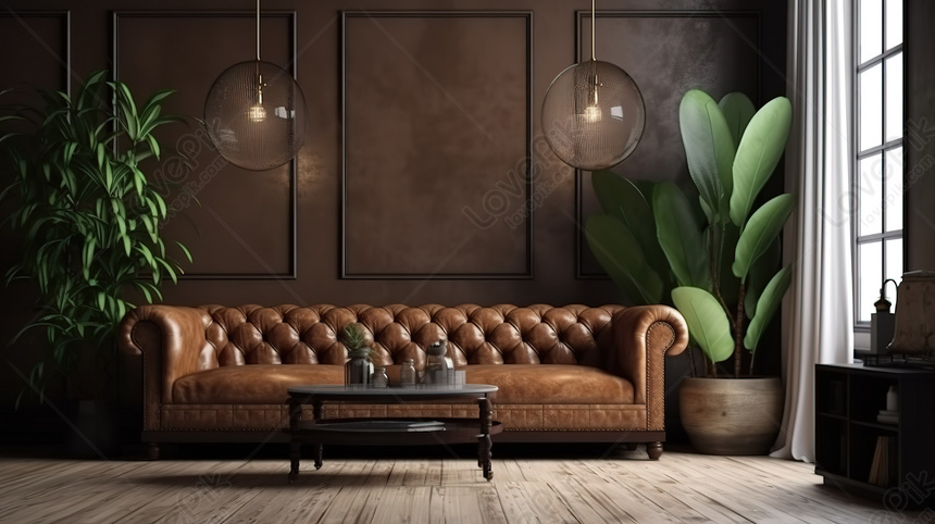 雰囲気づくり 茶色の革張りのソファと正面の壁の鮮やかな植物の装飾で暗いリビングルームを一変させる