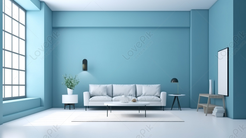 スタイリッシュな白いリビング ルーム: 青い壁のアクセントと快適な白いソファ - 時代を超越した背景