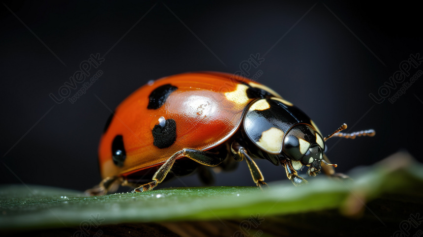 Splendida Coccinella Sulle Foglie Con Uno Sfondo Nero Sorprendente