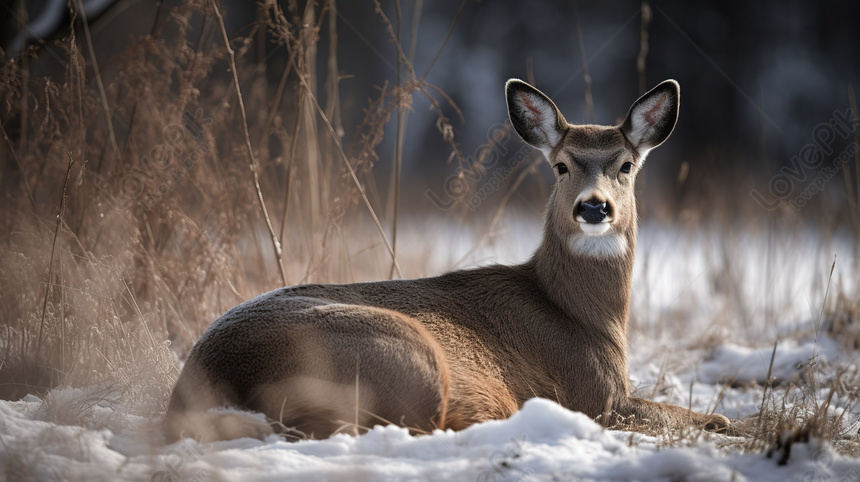 Stunning Winter Scene: Majestic Deer Resting Beside Snowy Grass ...