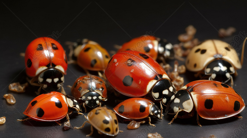 Molte Coccinelle Sono Sedute Insieme Su Uno Sfondo Nero Insieme