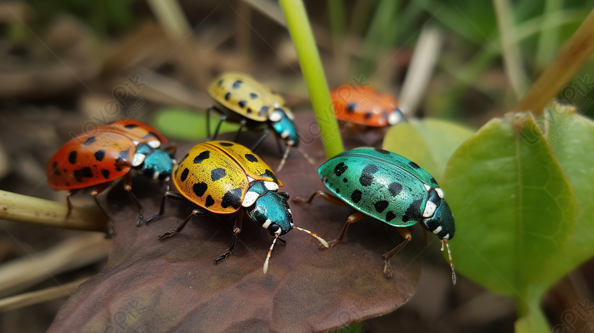 Dieci Coccinelle Di Colore Diverso Su Alcune Foglie Foglie