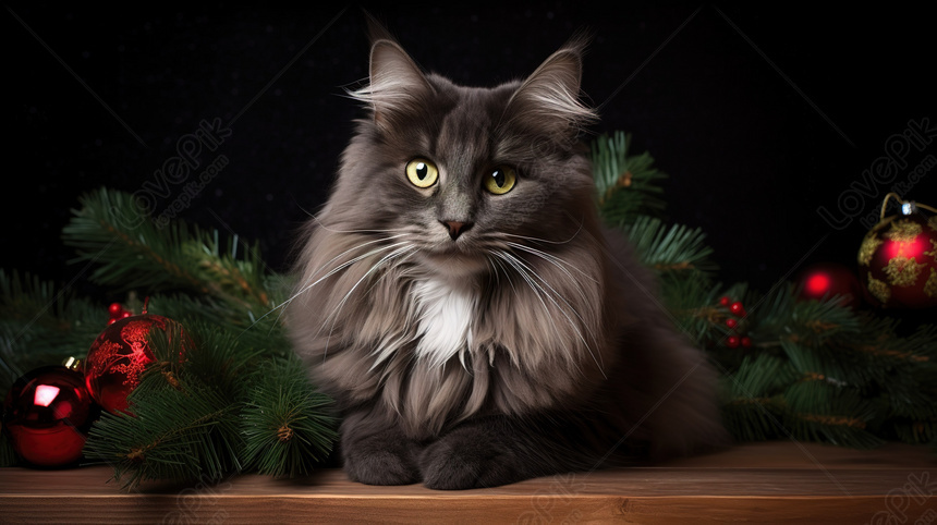 Hình ảnh chú mèo bên cây thông Noel đáng yêu
