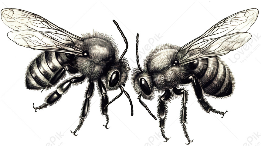 Photo de Dessin En Noir Et Blanc De Deux Abeilles Debout Lune Sur