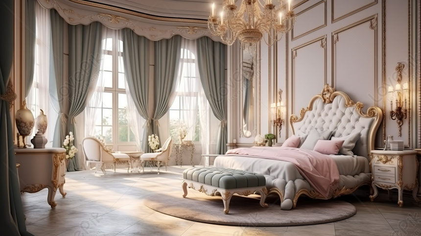 豪華な新古典主義デザインで寝室を強化: ベッド 装飾的な壁ニッチ ドレッシング テーブル u0026 スツール - 3d レンダリング背景