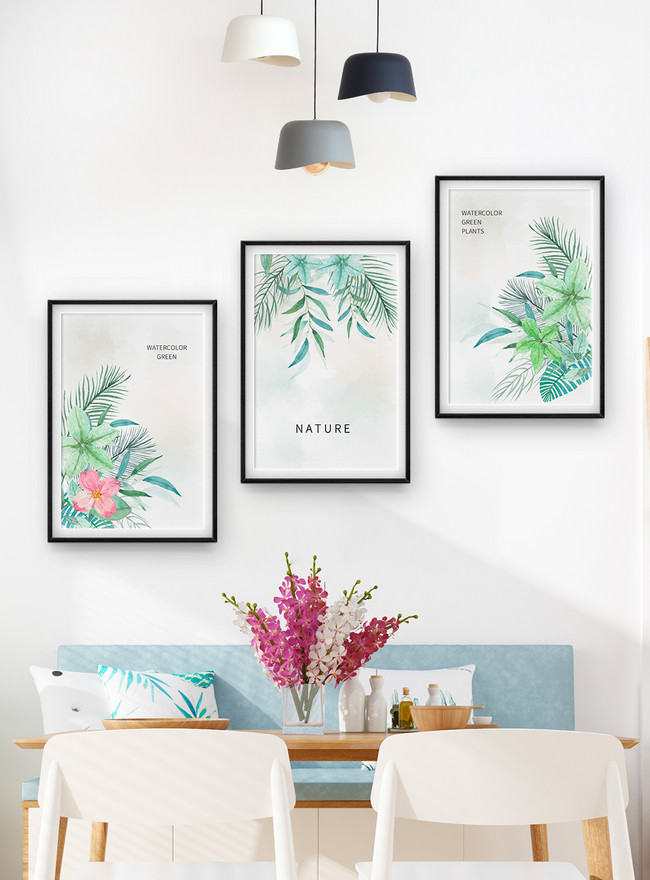 Nordic Plant Small Fresh Triple Frame Decorative Painting Template, plant templates, watercolor templates, nordic style