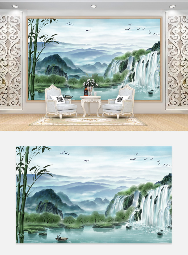 Atmospheric landscape painting high-end tv background wall template  image_picture free download 