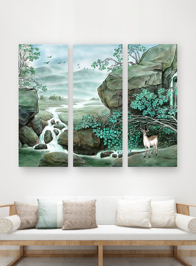 Classical Ink Painting Landscape Painting Triple Frameless Decor Template, decorative painting templates, ink painting templates, landscape painting