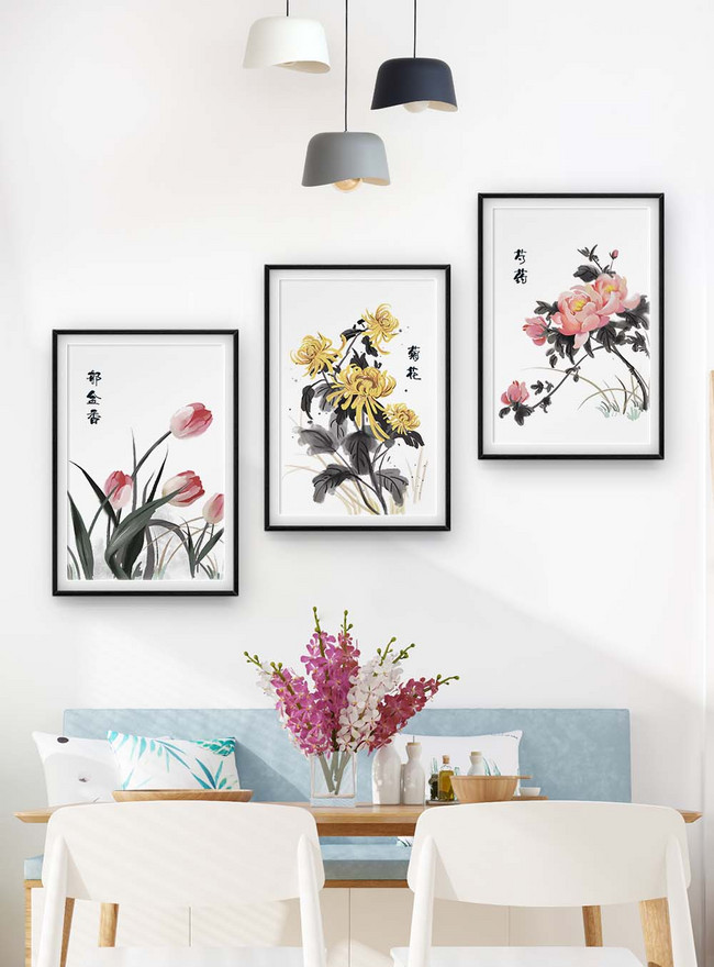 Chinese Traditional Painting Flower Plant Triple Frame Decorativ Template, botanical decorative painting templates, chinese painting decorative painting templates, chinese style