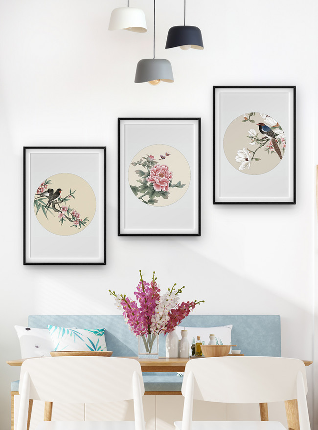 Rich Peony Flower Bird Chunyan Decorative Painting Triple Frame Template, ancient style templates, auspicious chinese painting templates, butterflies