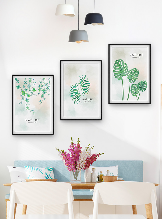 Nordic Simple Small Fresh Plant Decorative Painting Triple Frame Template, 5x7 mockup templates, quote art templates, triptych mockup