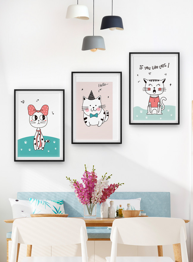 Modern fresh and cute cartoon animal living room triple frame de template  image_picture free download 