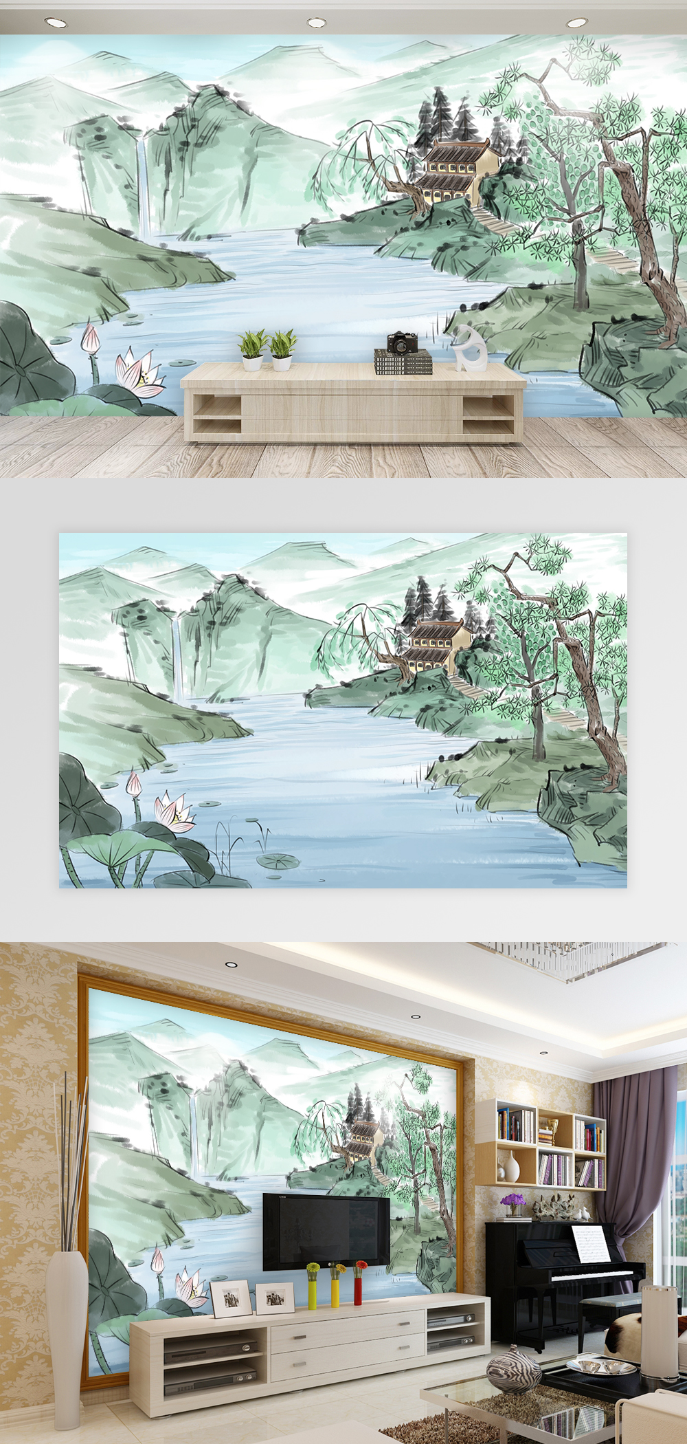 Dinding Lukisan Pemandangan Gaya Cina Gambar Unduh Gratis Templat