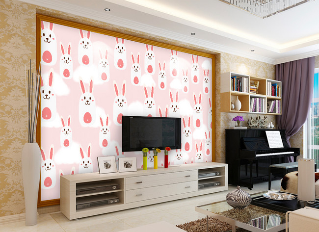 Pink white rabbit wall paper children room background wall template  image_picture free download 