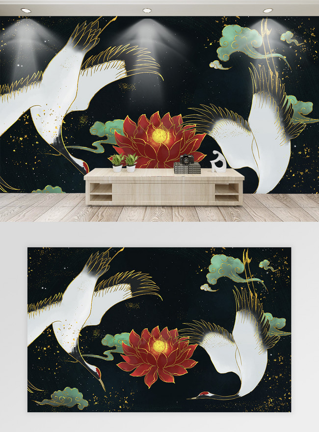 Light luxury chinese style crane and red lotus tv background wal template  image_picture free download 