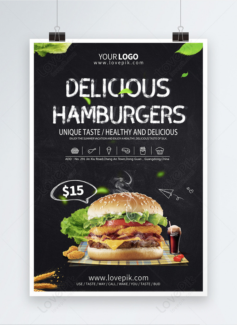 Tasty burger poster on black background template image_picture free  download 