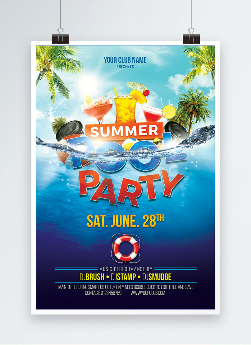 Summer pool party dj party poster template image_picture free download ...