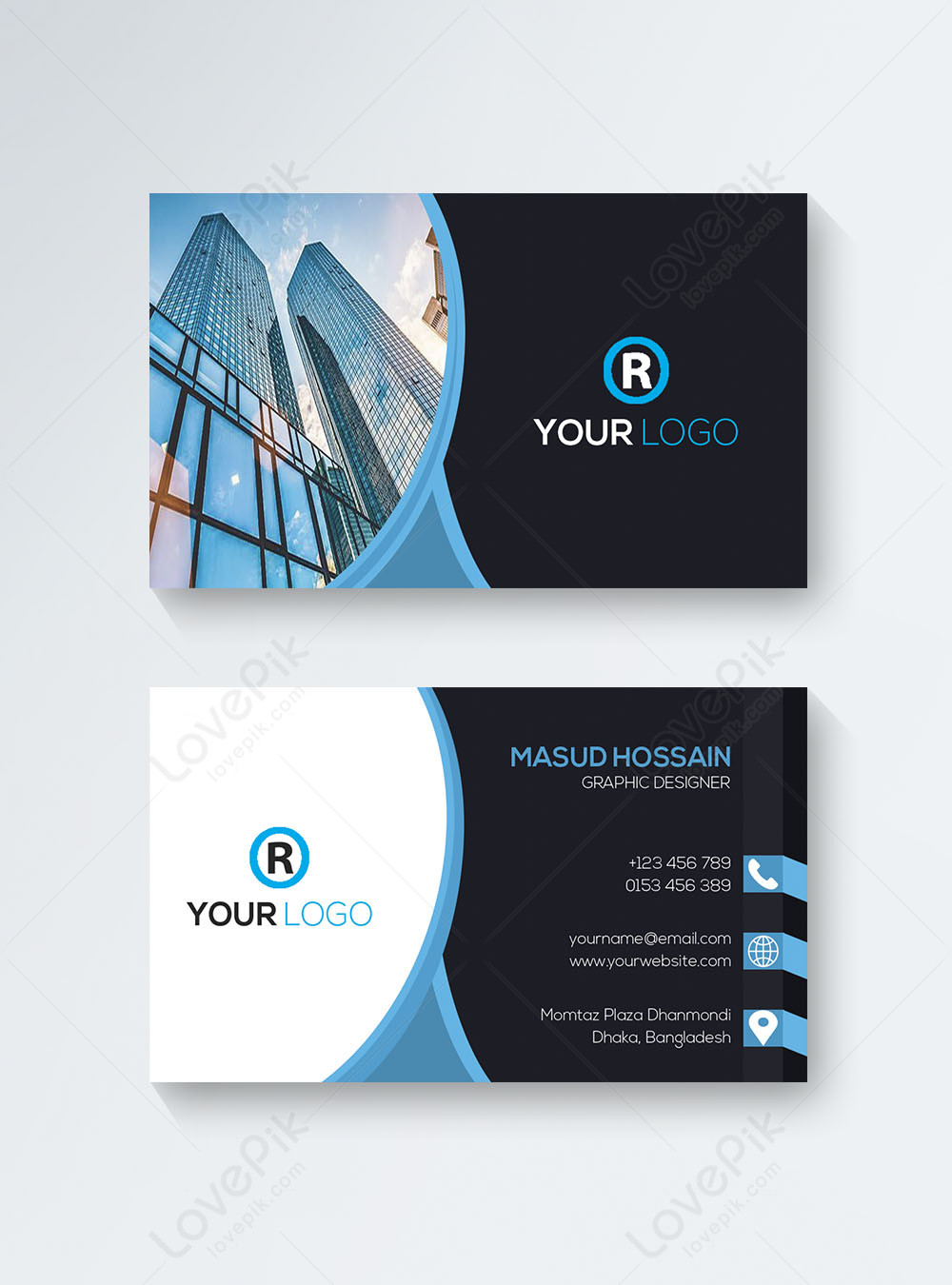 Blue and black real estate business card template image_picture