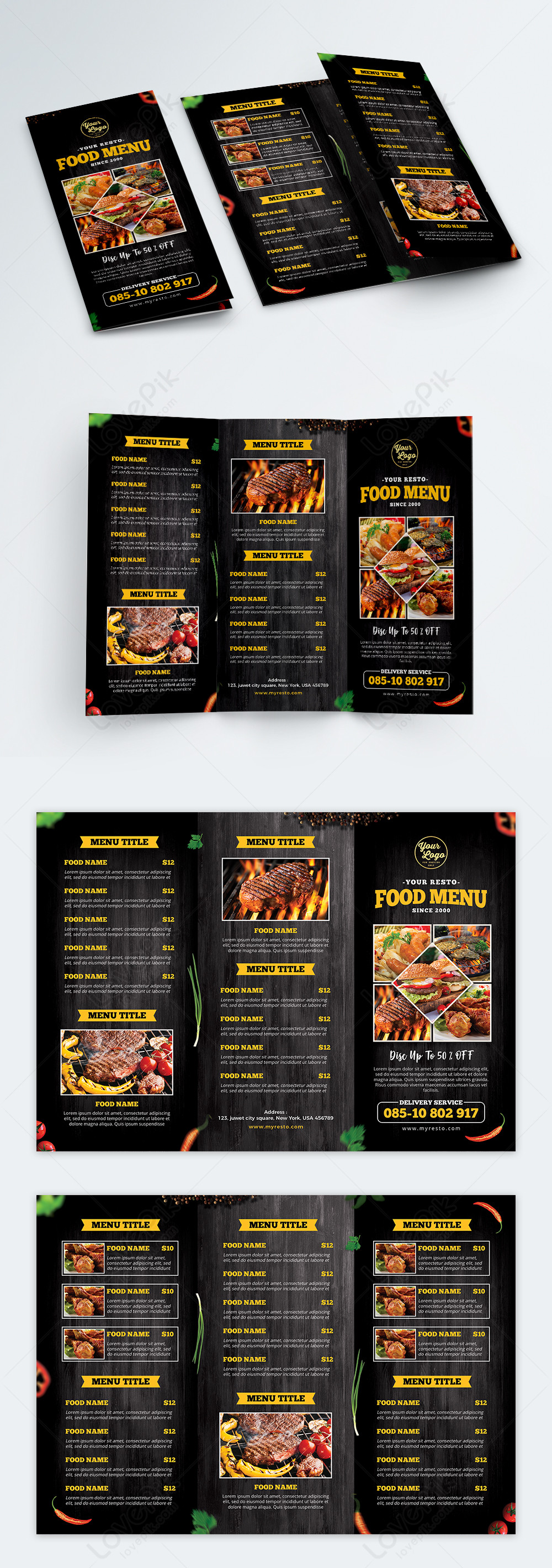 Template Brosur Menu Makanan Lezat Trifold Hitam Dan Kuning Untuk Diunduh Gratis Lovepik 