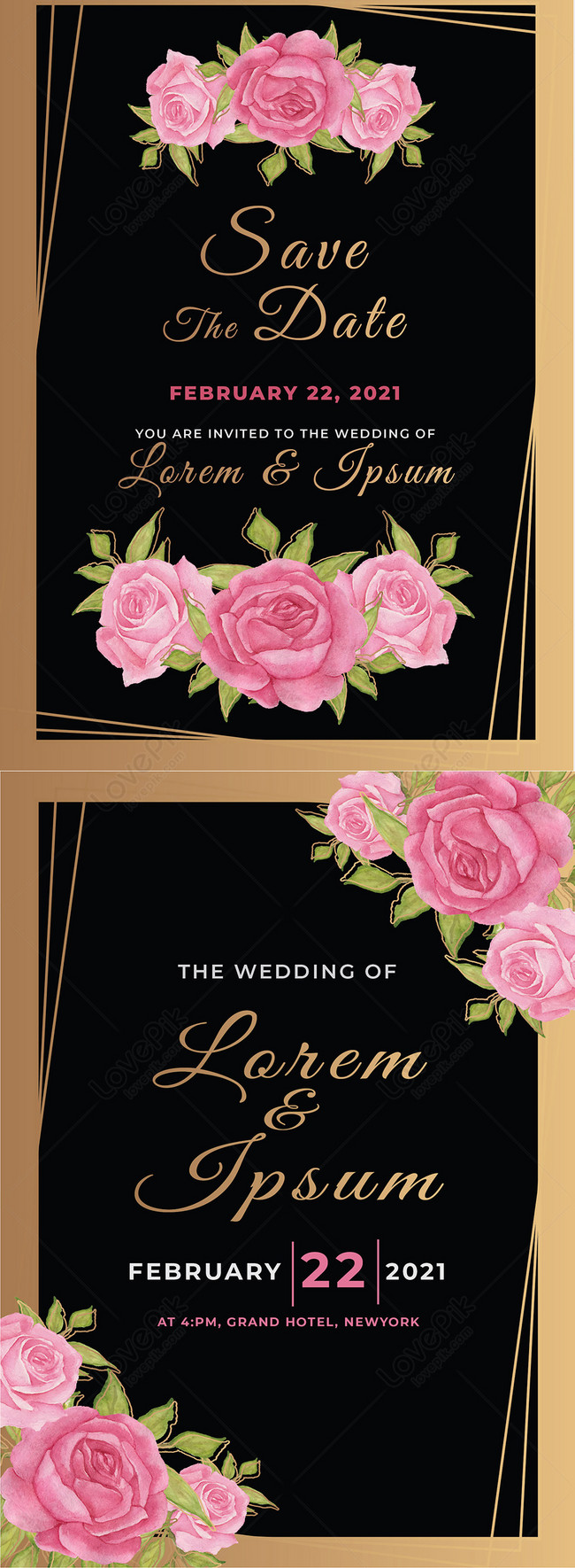 Rose floral golden black background wedding invitation card image_picture   free download