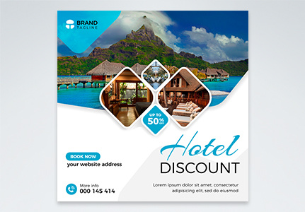 Hotel discount blue banner design template for social media. Travel Social media post banner, hotel service,  travel hotel rent,  travel agency template