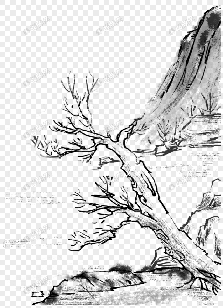 Lukisan Tinta Pemandangan Pohon Besar Png Grafik Gambar Unduh