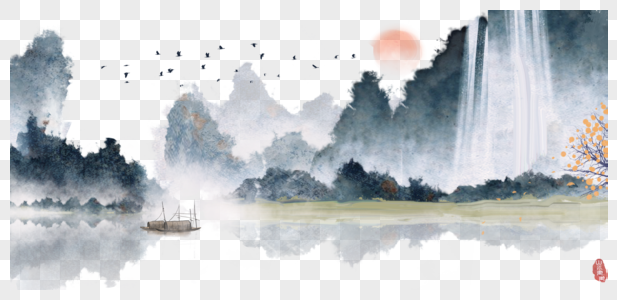 Chinese wind and ink landscape painting png