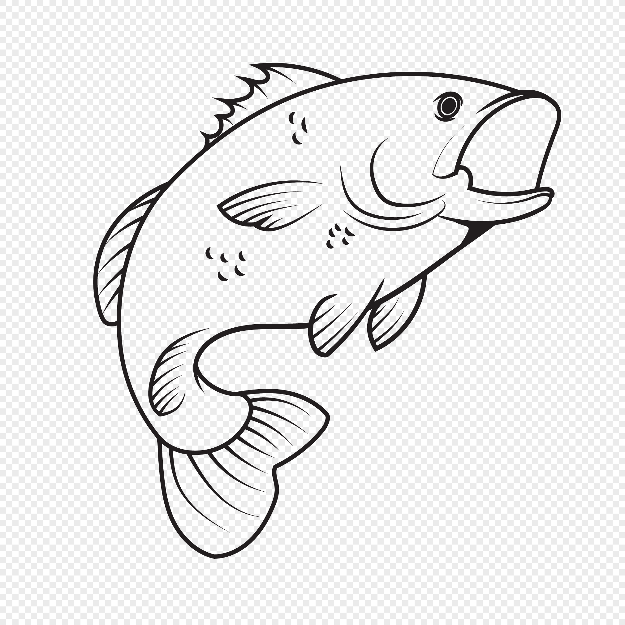 Hand drawn black and white line drawing fish vector elements png image