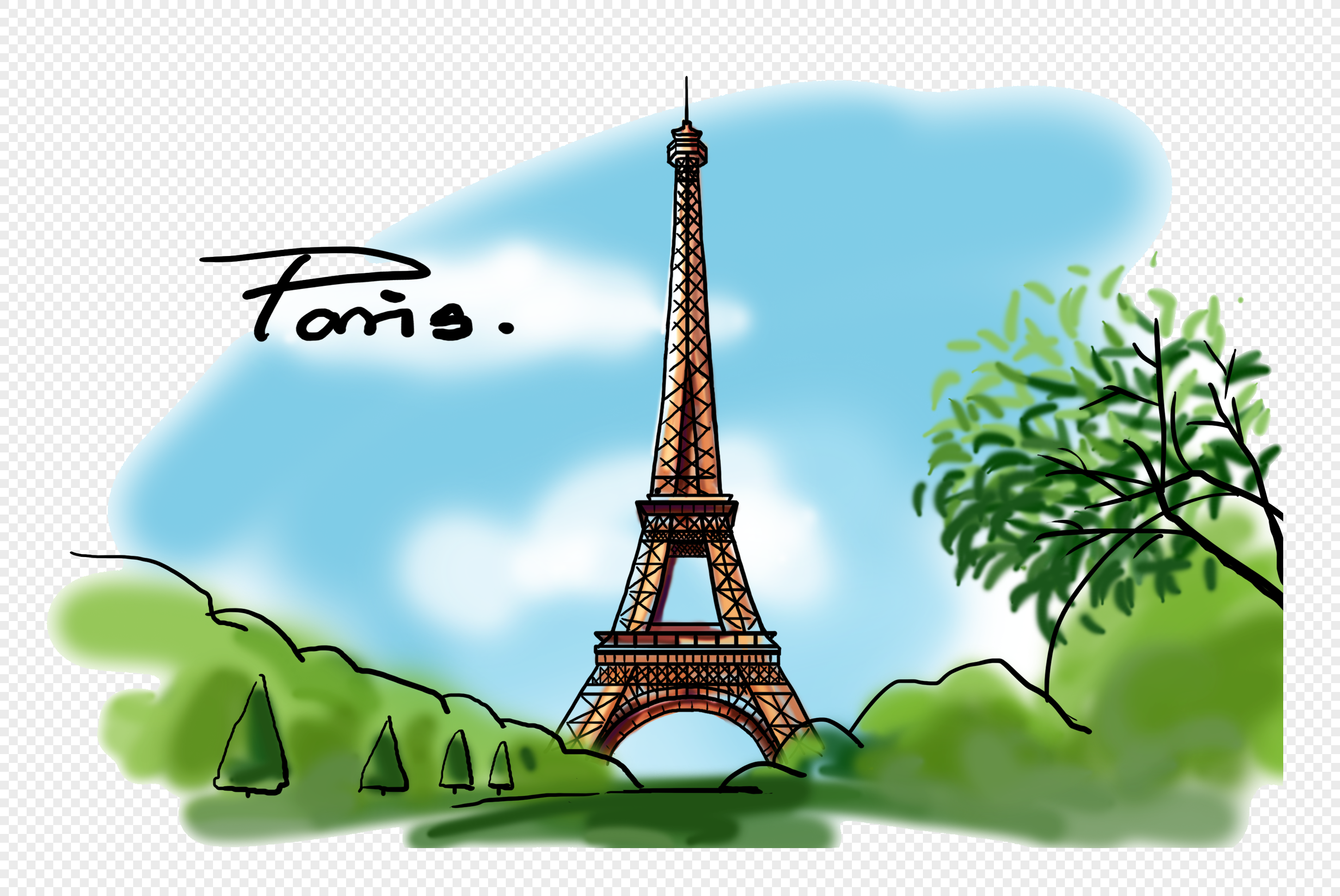 hand painted eiffel tower style landmark of paris france, paris france, creative, hand painting png transparent background