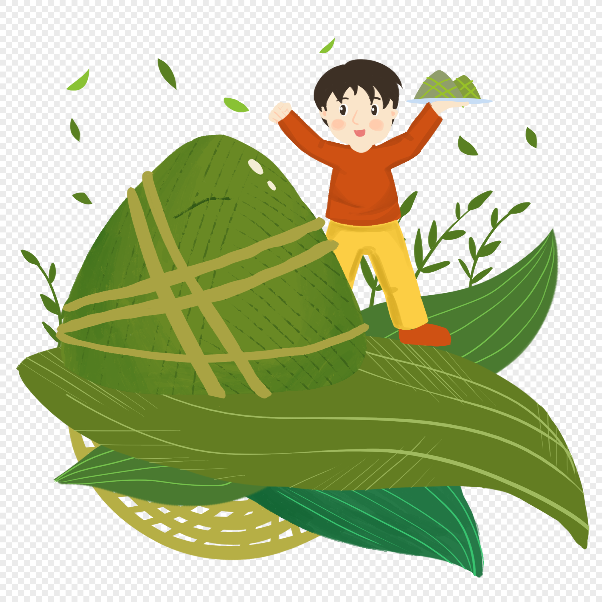 Children Who Eat Zongzi, Child Sitting, Leaves Vector, Leaf Vector PNG